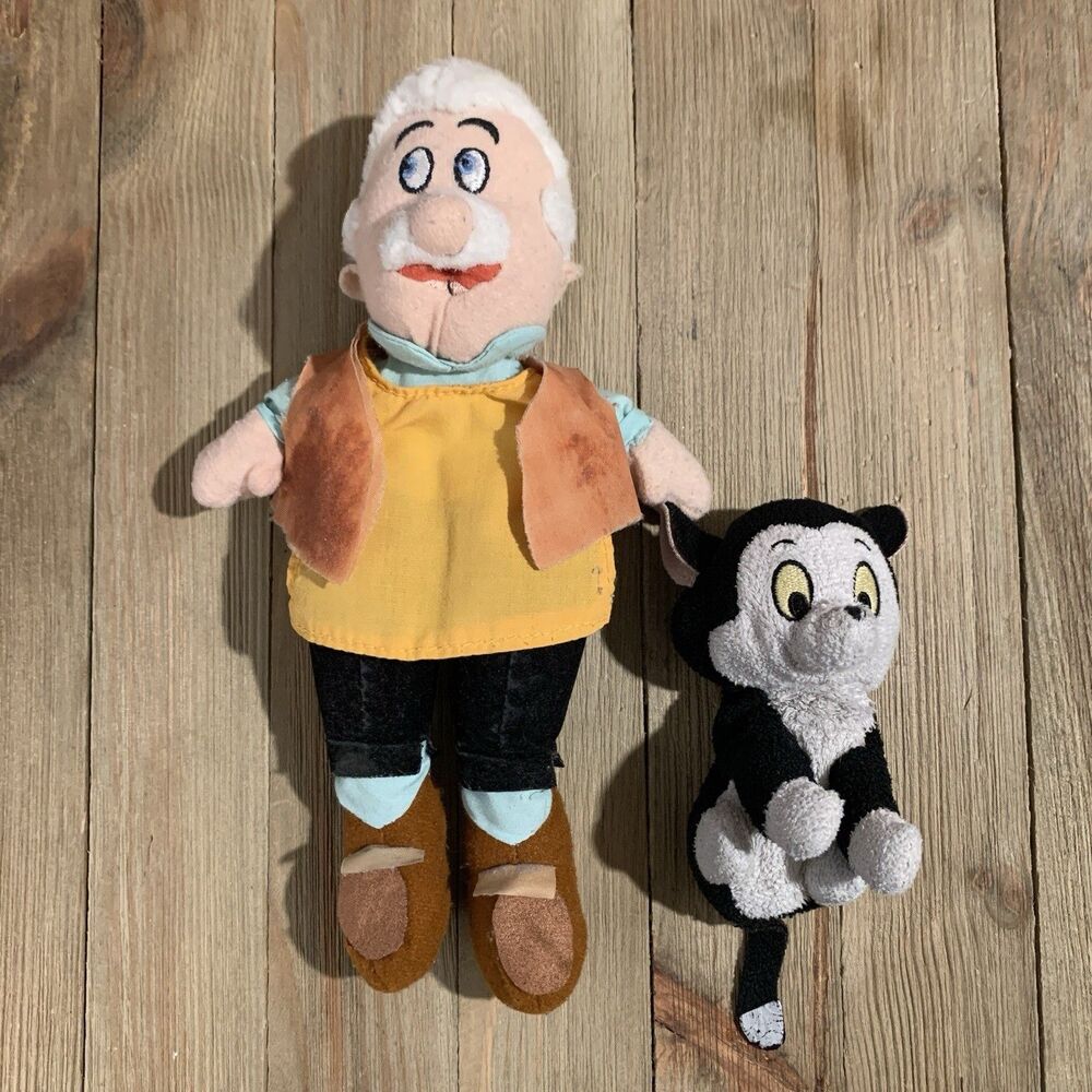 DISNEY® Geppetto and Figaro Floppy Doll 9.5" Pinocchio Soft Cloth Plushies VTG